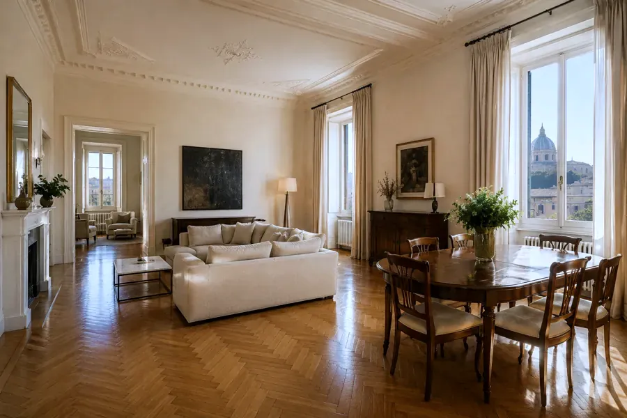 Salone luminoso di una casa gestita in affitto breve nel centro di Roma, con divano, tavolo da pranzo e vista sui tetti