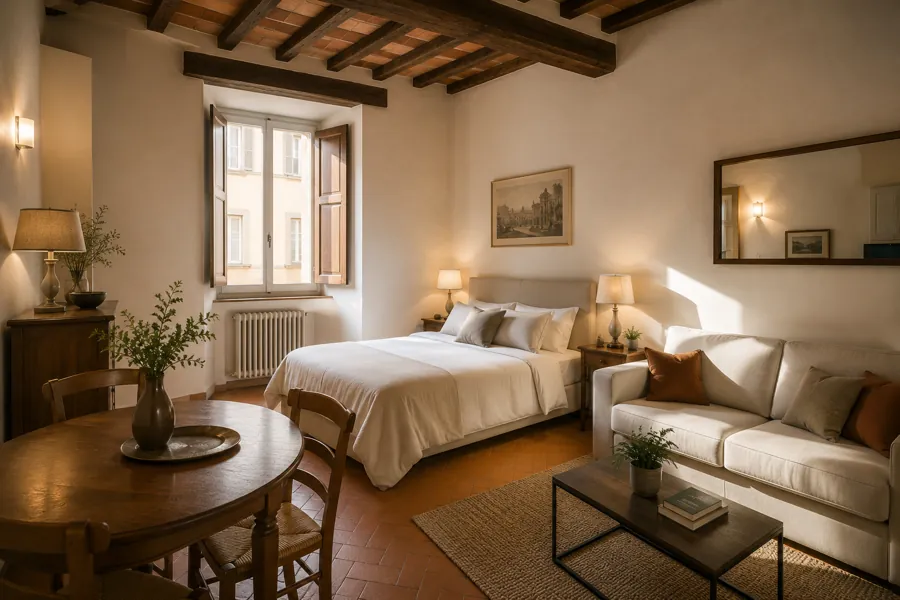 Monolocale per affitti brevi nel centro di Roma con travi a vista, letto matrimoniale, divano e tavolo da pranzo