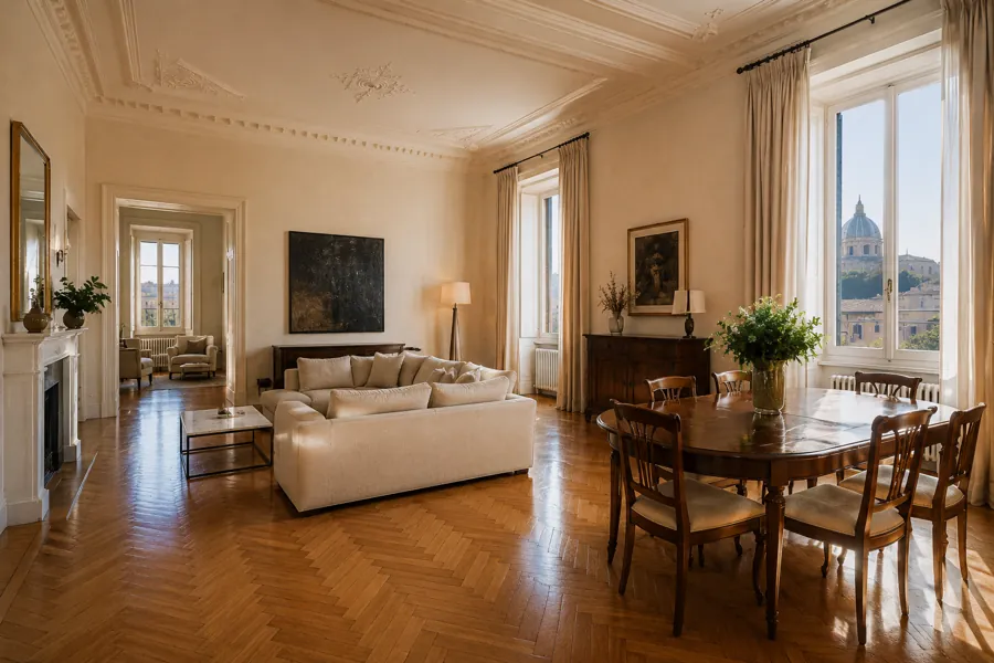 Soggiorno con sala da pranzo in un appartamento signorile del centro di Roma, con parquet a spina di pesce e una cupola visibile dalla finestra
