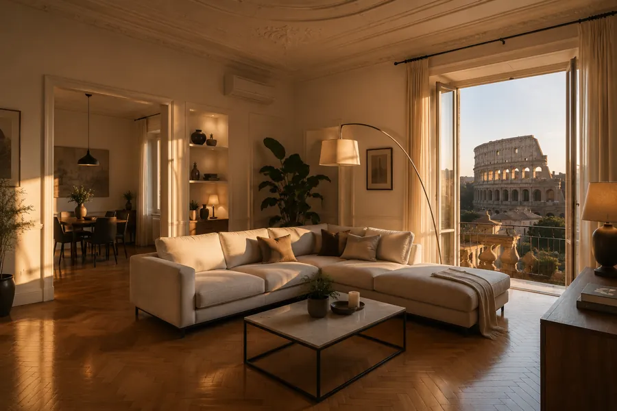 Salotto di un appartamento nel centro di Roma al tramonto, con divano chiaro, parquet a spina di pesce e vista sul Colosseo dalla portafinestra